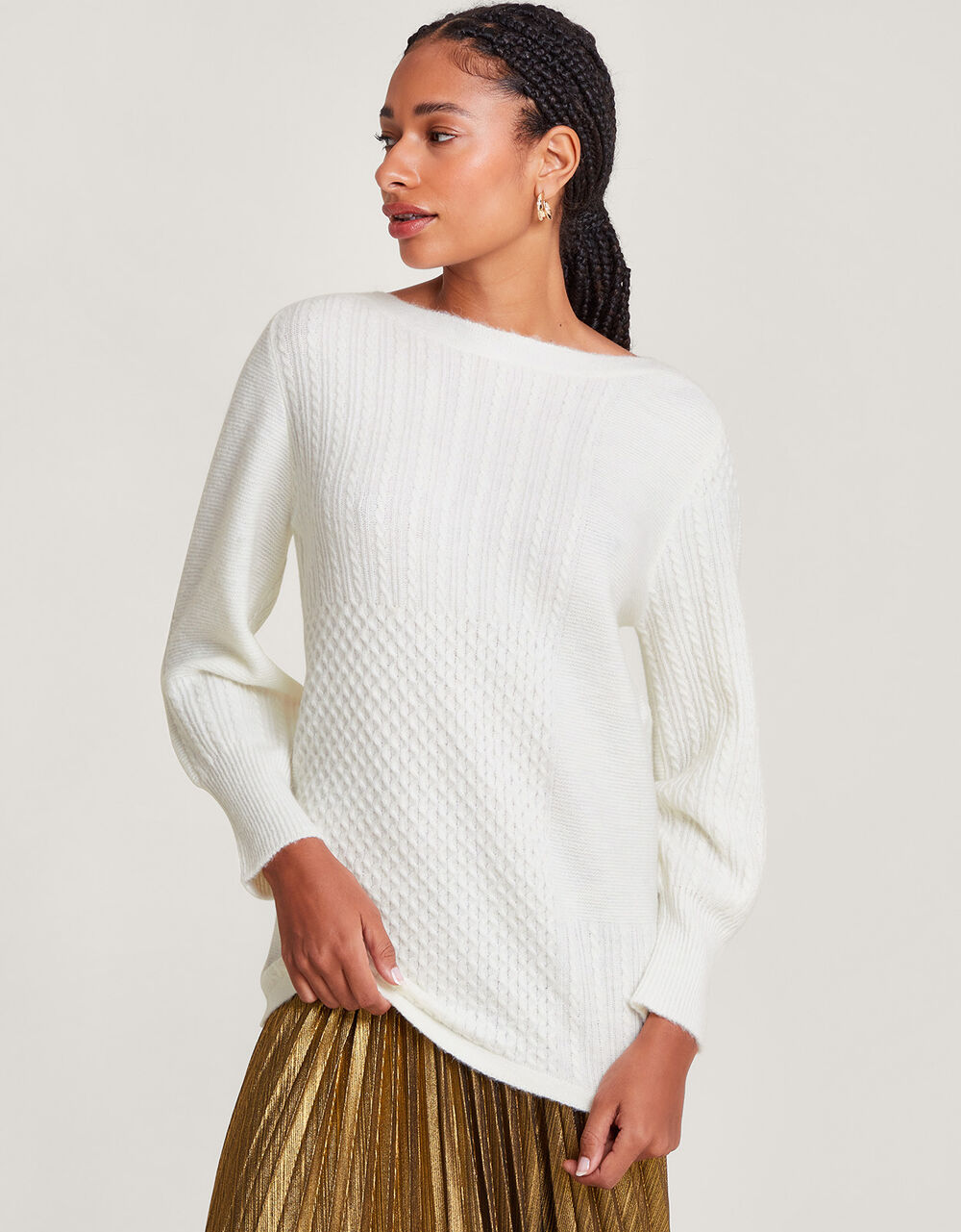 Supersoft Patch Stitch Tunic Jumper with Recycled Polyester Ivory