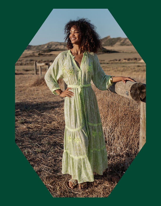 Piti Cuiti Palm Embroidered Maxi Dress, Green (GREEN), large