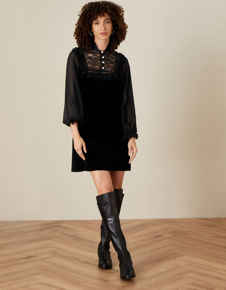 Bianca Lace Bib Velvet Dress Black, Black (BLACK), large