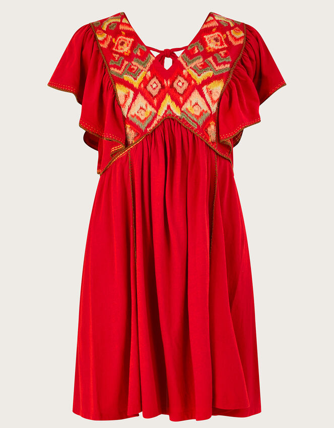 Embroidered Ruffle Sleeve Jersey Dress, Red (RED), large