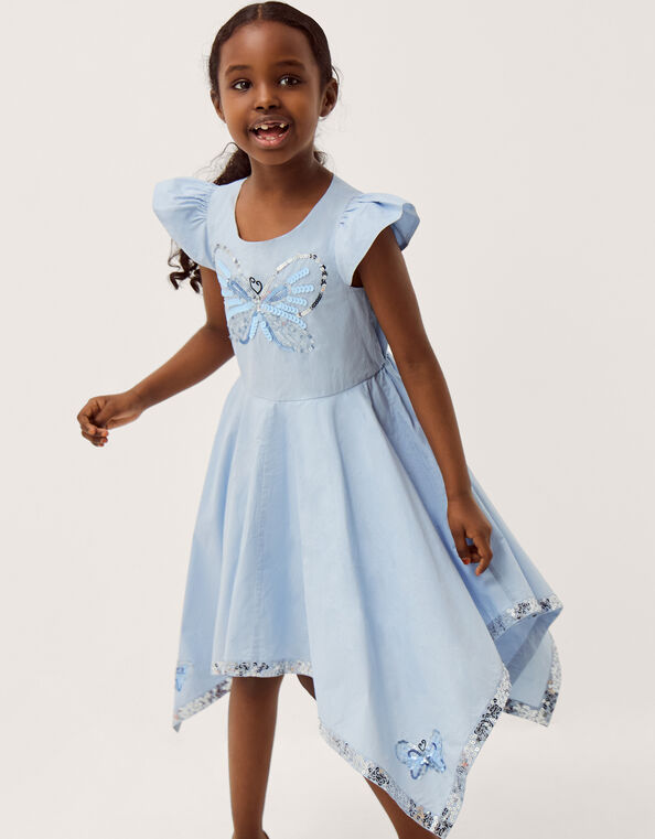 Sequin Butterfly Hanky Hem Party Dress, Blue (BLUE), large