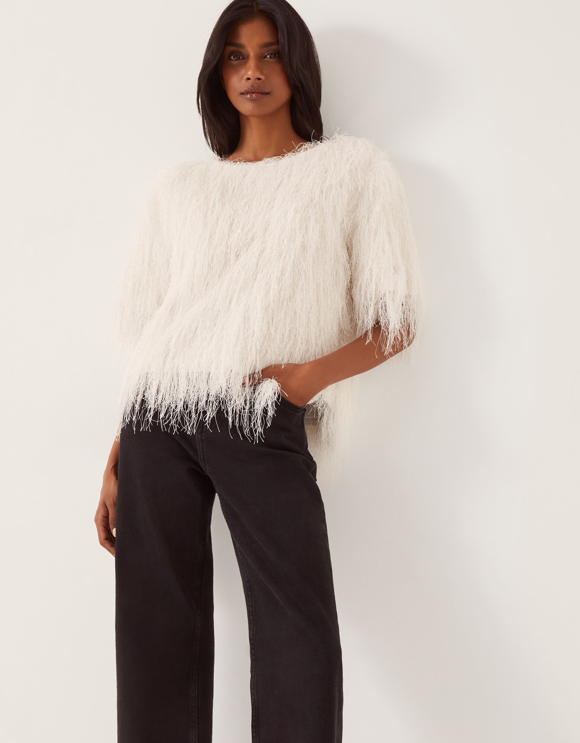Tori Short Sleeve Fringe Top Ivory | Tops & T-shirts | Monsoon UK.