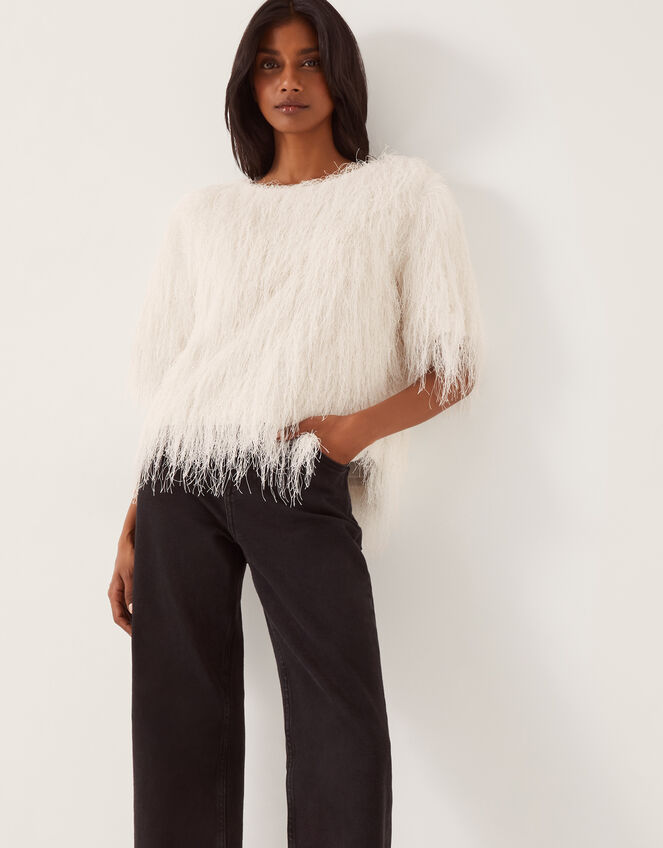 Tori Short Sleeve Fringe Top, Ivory (IVORY), large