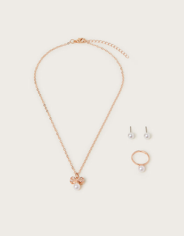 Pearl Bow Pendant Jewellery Set, Gold (ROSE GOLD), large