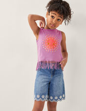 Broderie Scalloped Denim Shorts, Blue (BLUE), large