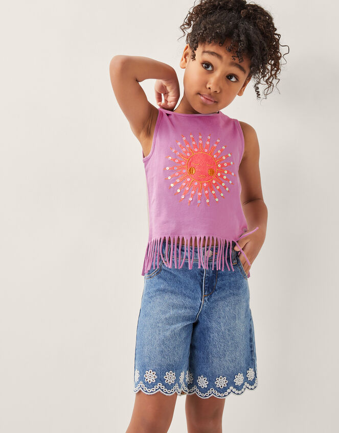 Broderie Scalloped Denim Shorts, Blue (BLUE), large