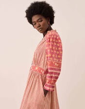 East Devyn Hand-Woodblock Printed Floral Stripe Cotton Midi Dress, Pink (PINK), large