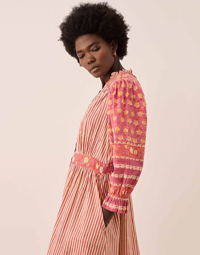 East Devyn Hand-Woodblock Printed Floral Stripe Cotton Midi Dress, Pink (PINK), large