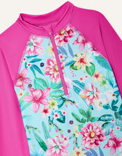 Floral Print Sunsafe Long Sleeve Swimsuit, Blue (TURQUOISE), large
