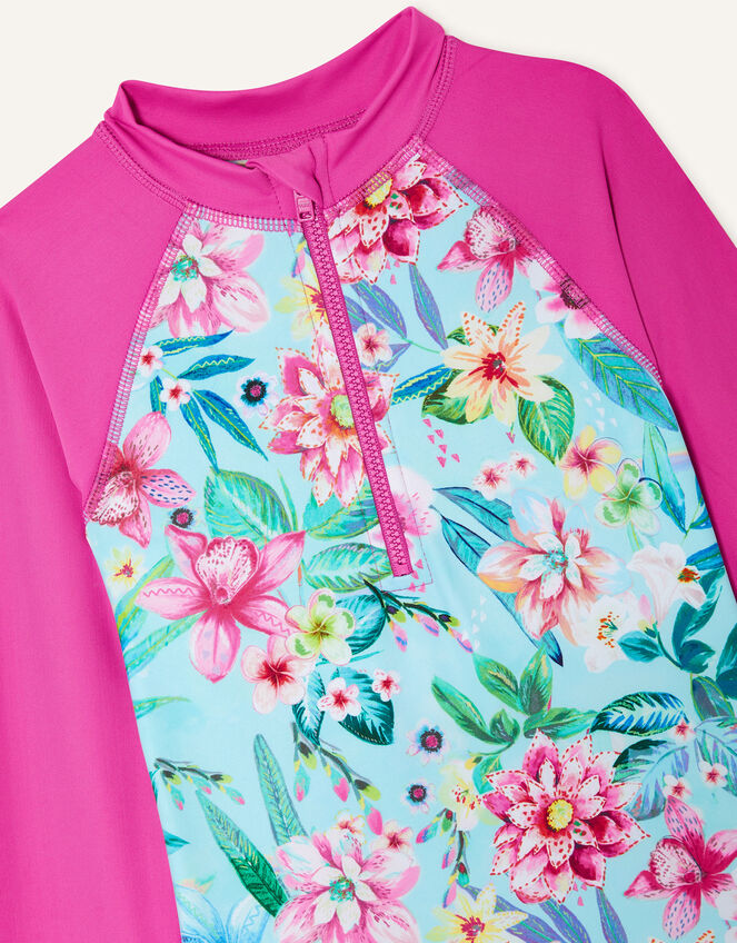 Floral Print Sunsafe Long Sleeve Swimsuit, Blue (TURQUOISE), large