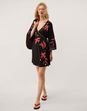 Zora Embroidered Mini Wrap Dress, Black (BLACK), large