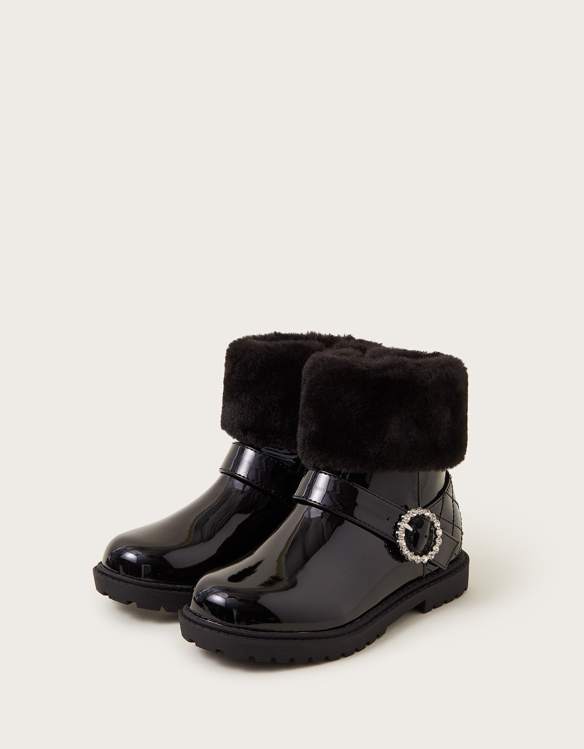 Patent Faux Fur Cuff Boots Black Shoes Monsoon UK