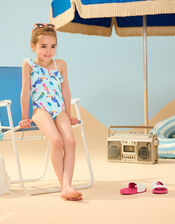 Hatley Bird Print Ruffle Swimsuit, Blue (TURQUOISE), large