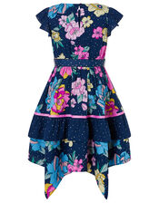 Brea Floral Spot Hanky Hem Dress in Recyled Fabrics, Blue (NAVY), large