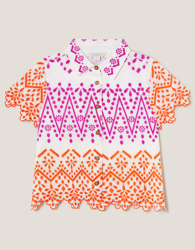 Embroidered Short Sleeve Shirt, White (WHITE), large