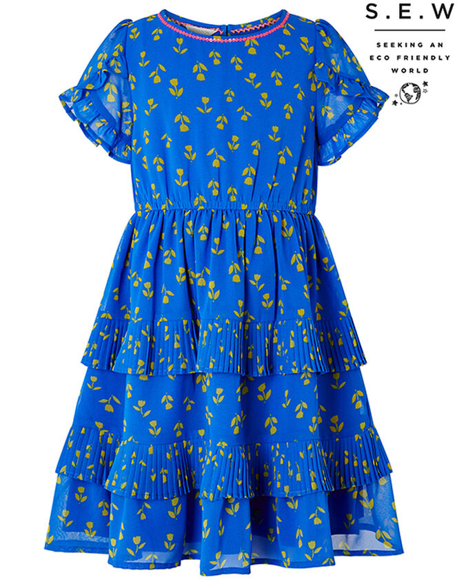 Aria Tulip Print Tiered Dress in Recycled Polyester, Blue (BLUE), large