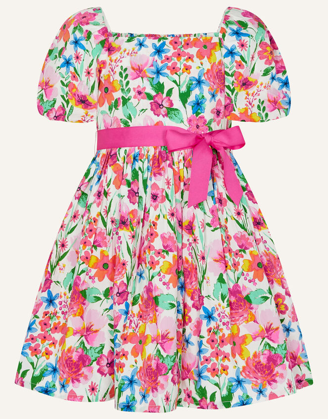 Bright Floral Puff Sleeve Dress, Red (RED), large