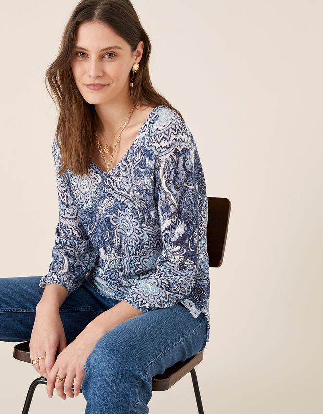 Paisley Print Jumper in Linen Blend, Blue (NAVY), large