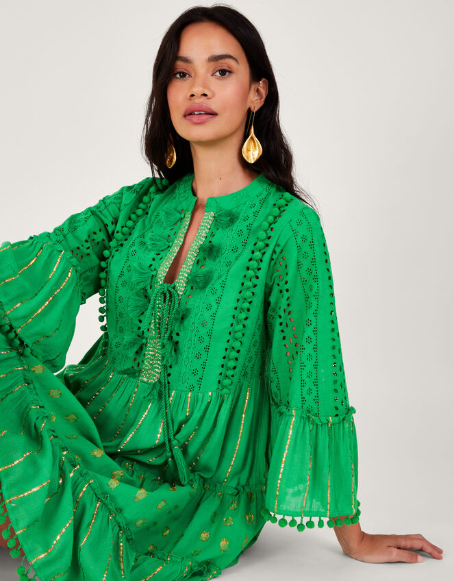 Metallic Tassel Kaftan Dress Green