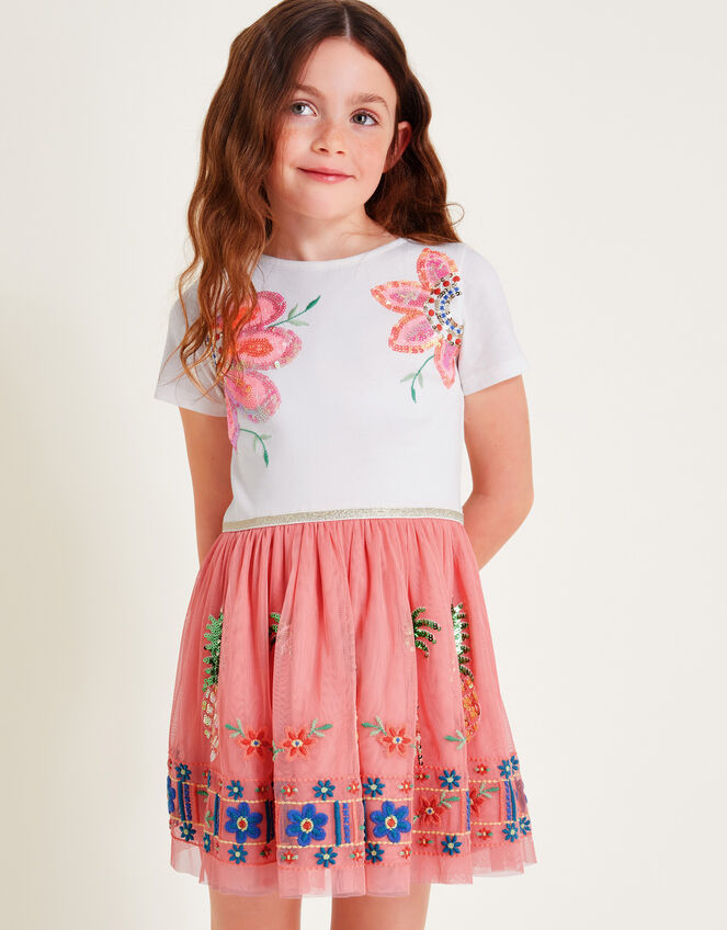 Tropical Embellished Disco Dress, Orange (CORAL), large