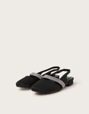 Diamante Strap Satin Slingback Flats, Black (BLACK), large