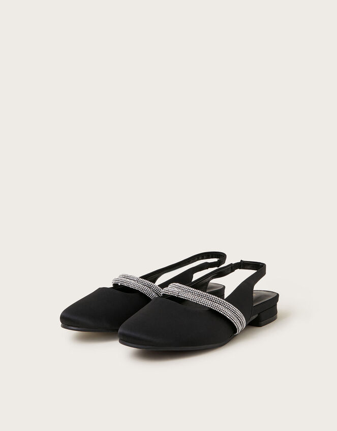Diamante Strap Satin Slingback Flats, Black (BLACK), large