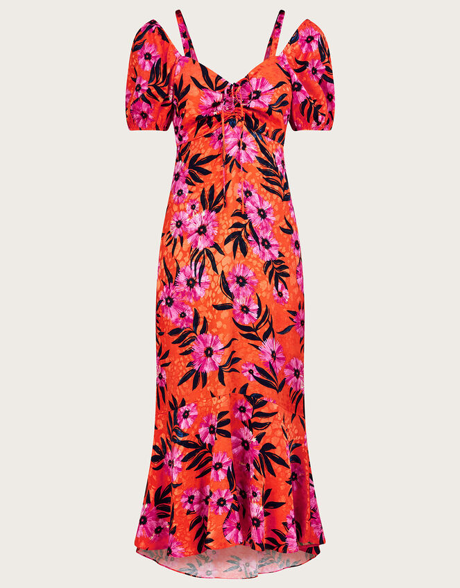 Kerry Satin Jacquard Floral Print Dress Orange