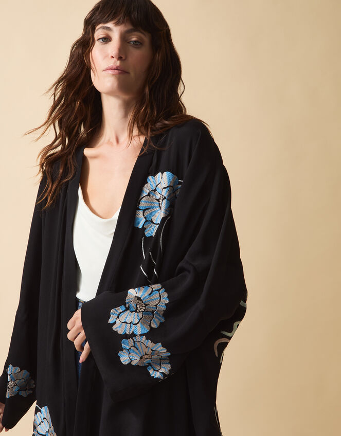 Clemence Butterfly Embroidered Long Kimono Black