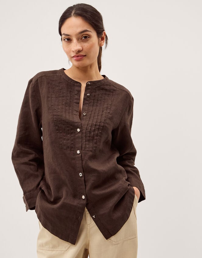 Clo Pintuck Linen Shirt, DARK BROWN, large