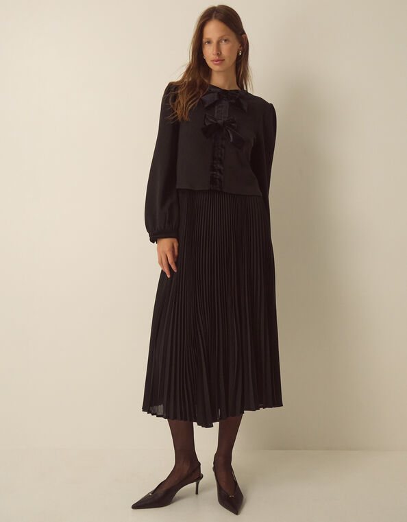 Emilee Velvet Bow Pleated Midi Dress, Black (BLACK), large