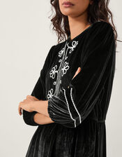 Venus Embroidered Stretch Velvet Midi Dress, Black (BLACK), large