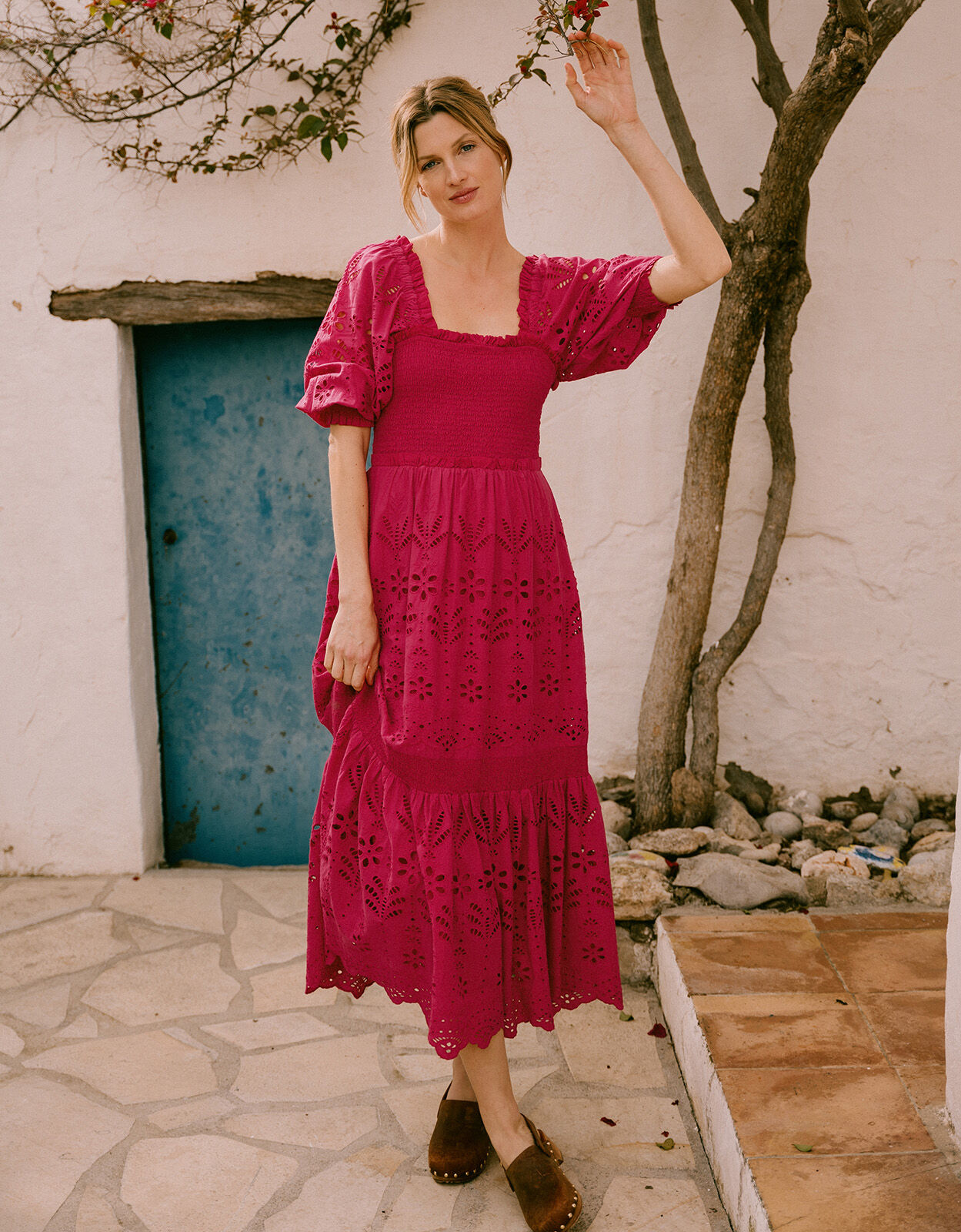Meera Broderie Midi Dress Pink