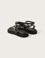 Strappy Flat Leather Sandals, Black (BLACK), large