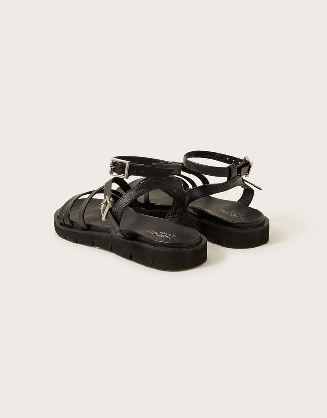 Strappy Flat Leather Sandals, Black (BLACK), large