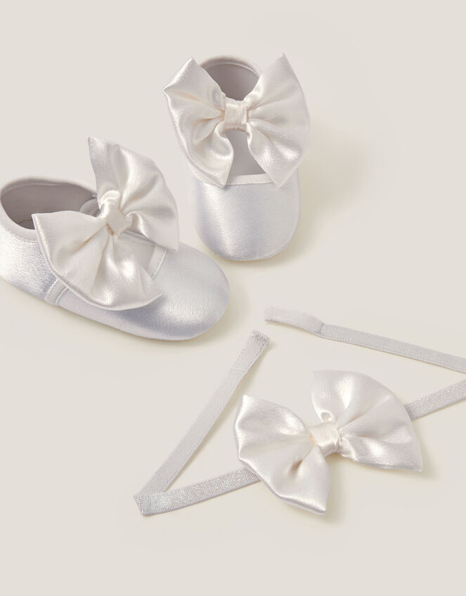 Baby Satin Bow Headband & Booties Set, Ivory (IVORY), large