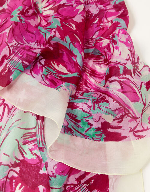 Large Floral Print Silk Scarf, , large