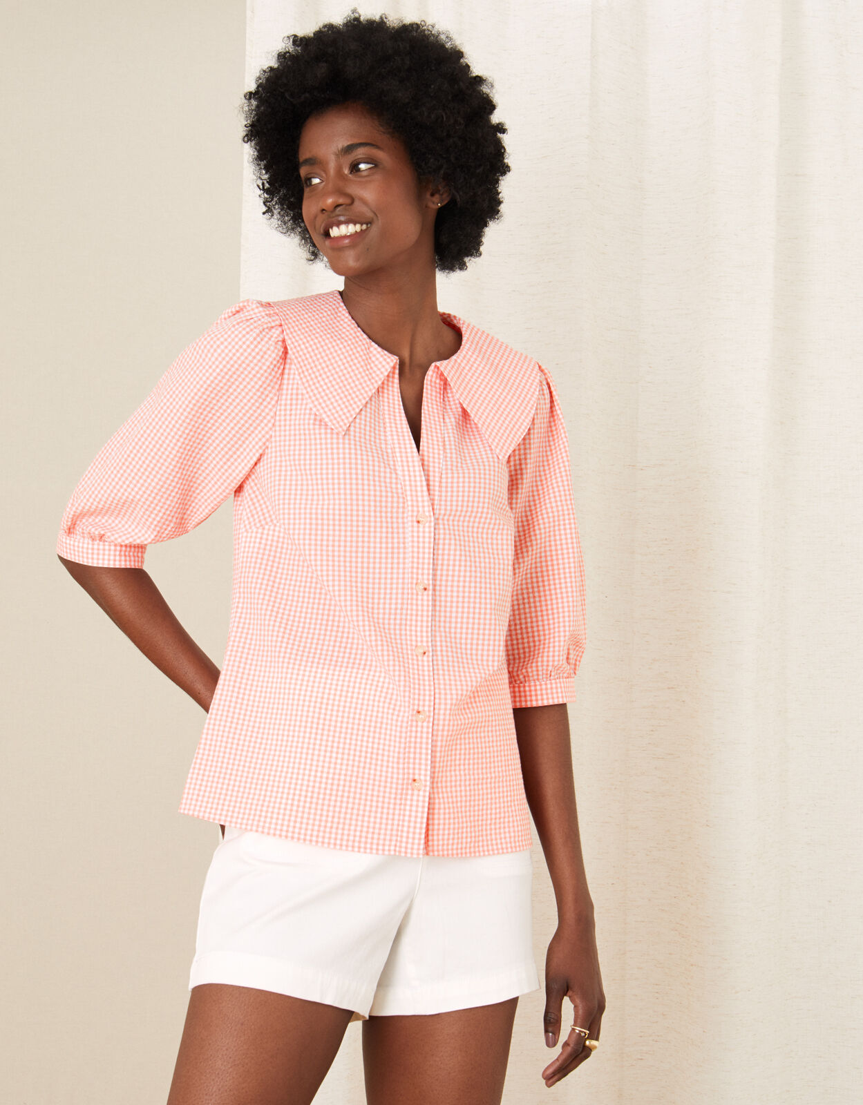 Wide Collar Gingham Top Orange