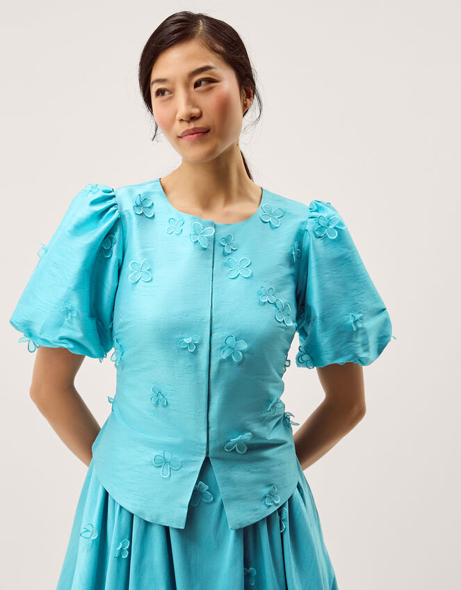Odette Puff Sleeve Floral Appliqu&eacute; Jacket, Blue (PALE BLUE), large