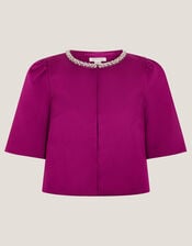 Saira Embellished Short Sleeve Satin Jacket, Pink (MAGENTA), large