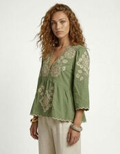 Raffya Aubrey Embroidered Tunic Blouse, Green (GREEN), large