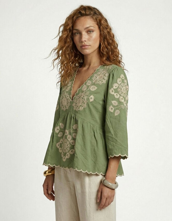 Raffya Aubrey Embroidered Tunic Blouse, Green (GREEN), large