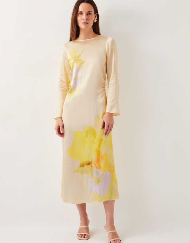 Camile Floral Satin Midi Dress, Yellow (YELLOW), large