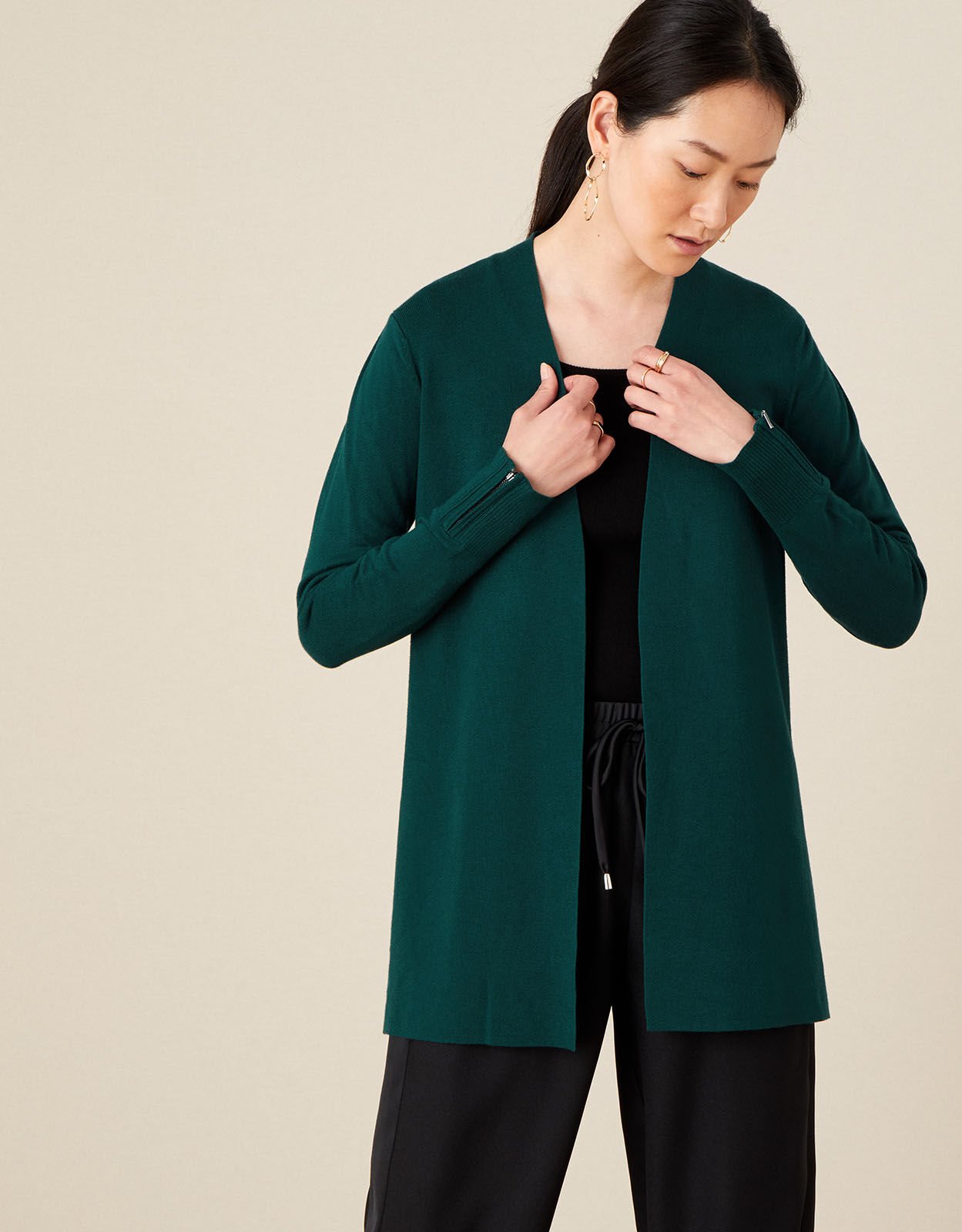 Zip Cuff Longline Cardigan Teal