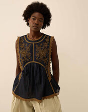 East Winnie Broderie Cotton Top, Blue (NAVY), large