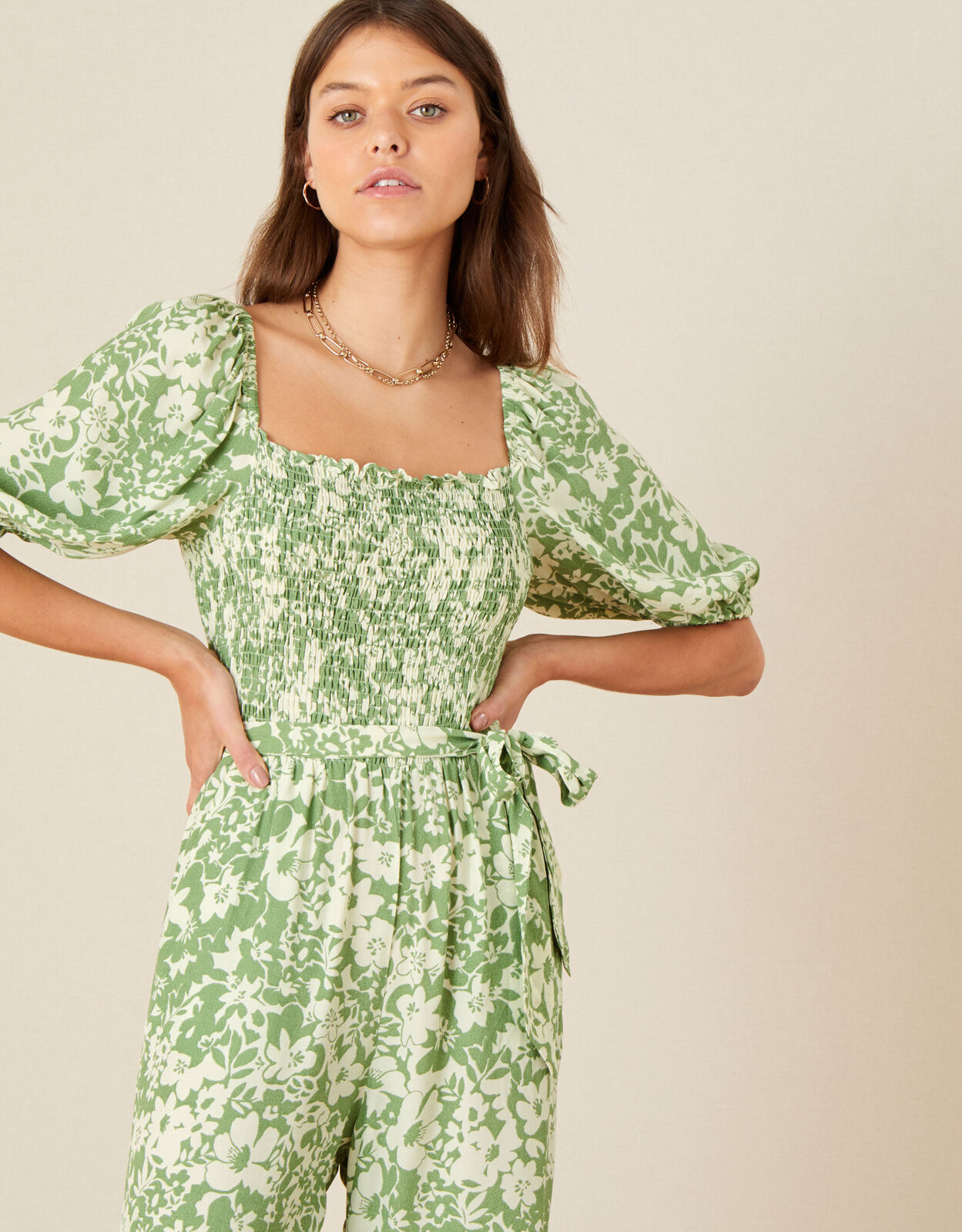 Julia Floral Shirred Jumpsuit Green 
