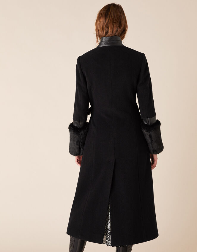 Faux Fur Cuff Maxi Coat in Wool Blend, Black (BLACK), large
