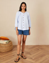 Button Through Chambray Linen Blouse, Blue (BLUE), large