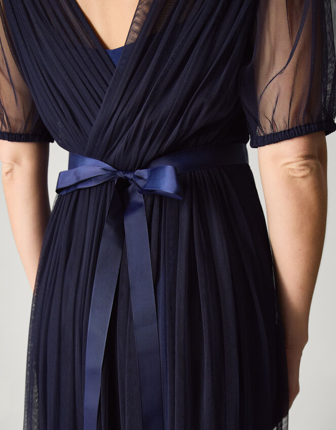 Ellie Sheer Sleeve Plunge Tulle Maxi Dress Blue