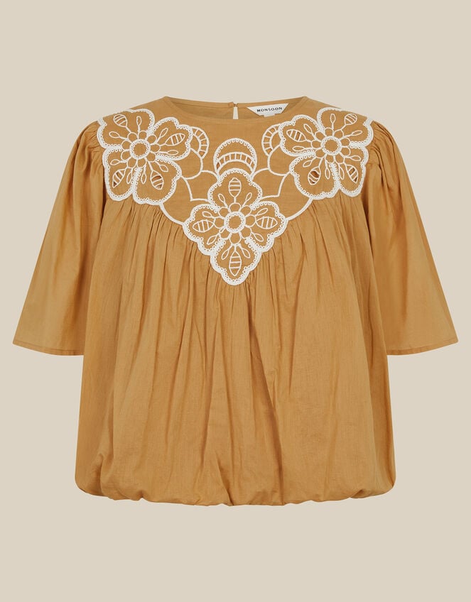 Delta Embroidered Bubble Hem Top, Camel (CAMEL), large
