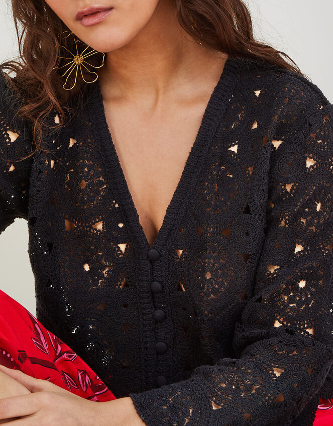 Crochet Crop Cardigan in Sustainable Cotton, Black (BLACK), large